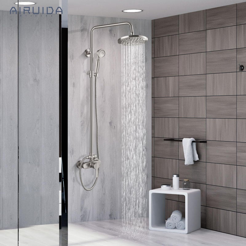 Airuida Exposed Shower System, 8 Inch Rainfall Shower Head with Handheld Spray, Single Handle Wall Mount Shower Faucet Set, Solid Brass Dual Function Exposed Pipe Fixture for Bathroom,Brushed Nickel - Image 2